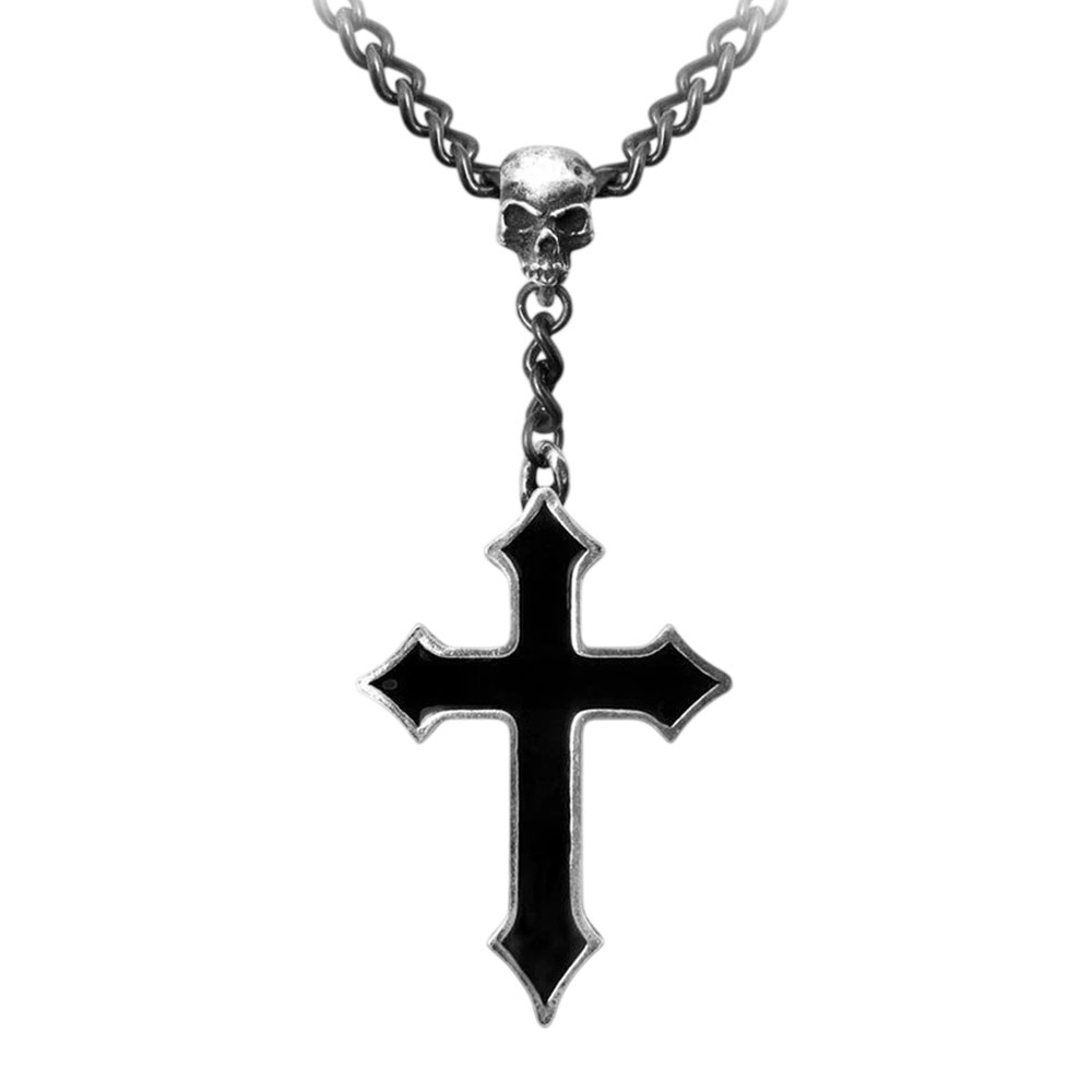 Gothic Skull & Black Enamel Cross Pendant