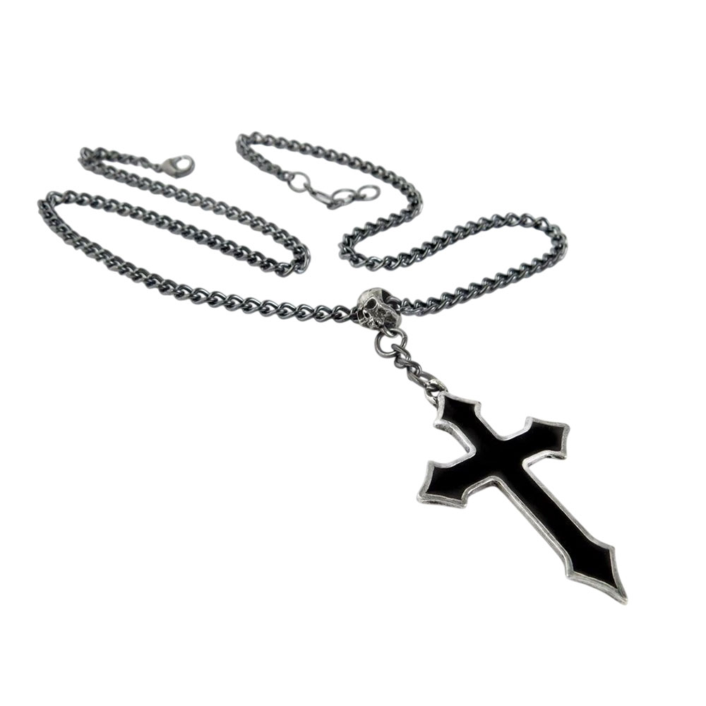 Gothic Skull & Black Enamel Cross Pendant