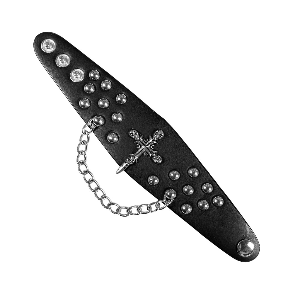 Gothic Skull Cross Studded Leather Cuff with Chain