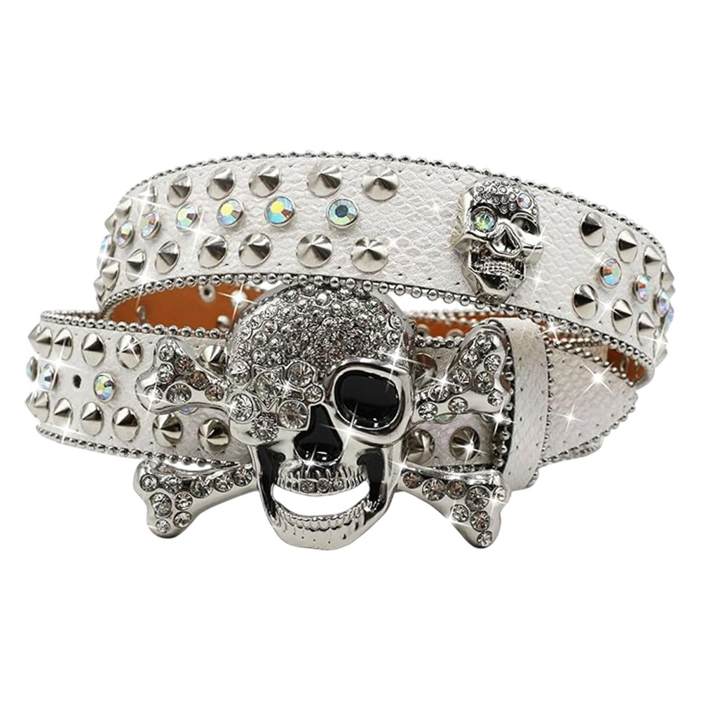 White Rhinestone Skull & Crossbones Studded Belt