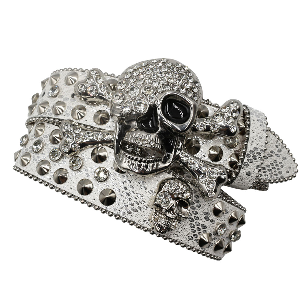 White Rhinestone Skull & Crossbones Studded Belt - 3