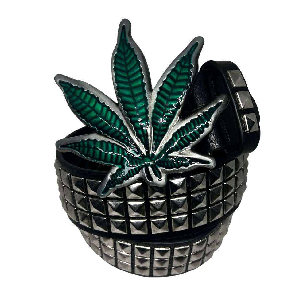Green Cannabis Leaf Buckle Studded Belt