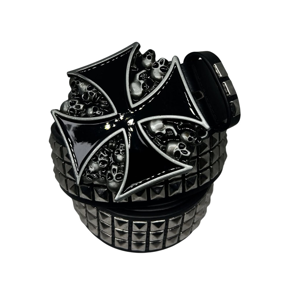 Black Iron Cross & Skulls Studded Belt