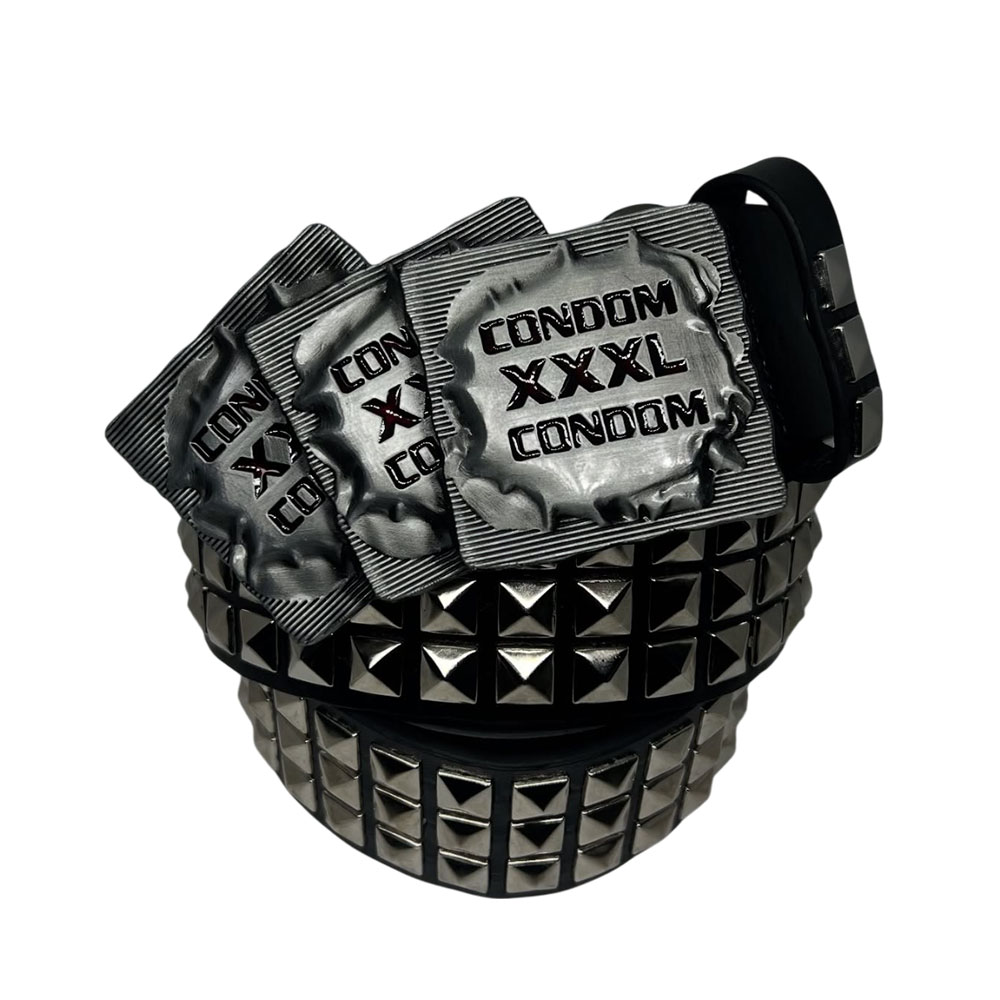 Silver XXXL Condom Wrapper Novelty Studded Belt
