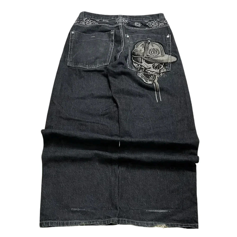 Y2K Baggy Black Denim Jeans with Skull Embroidery