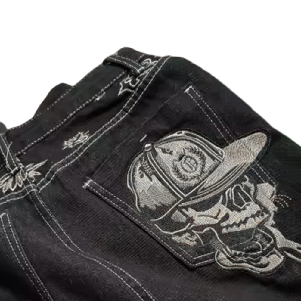 Y2K Baggy Black Denim Jeans with Skull Embroidery - 2