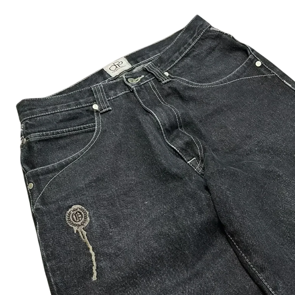 Y2K Baggy Black Denim Jeans with Skull Embroidery - 3