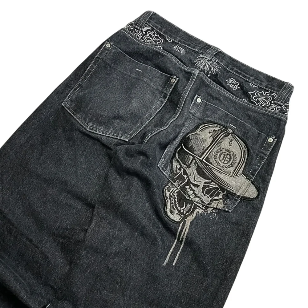 Y2K Baggy Black Denim Jeans with Skull Embroidery - 4