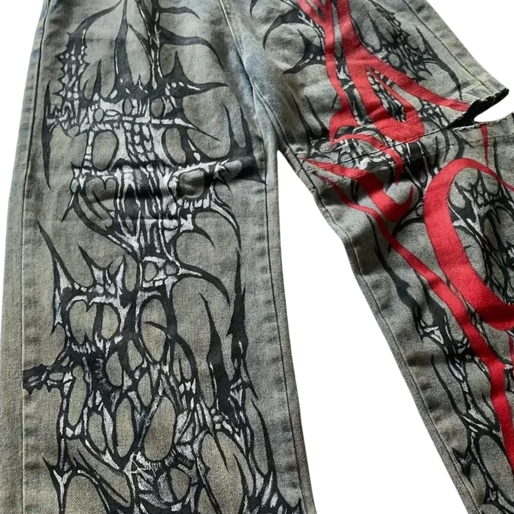Cyber Tribal Graphic Wide-Leg Jeans