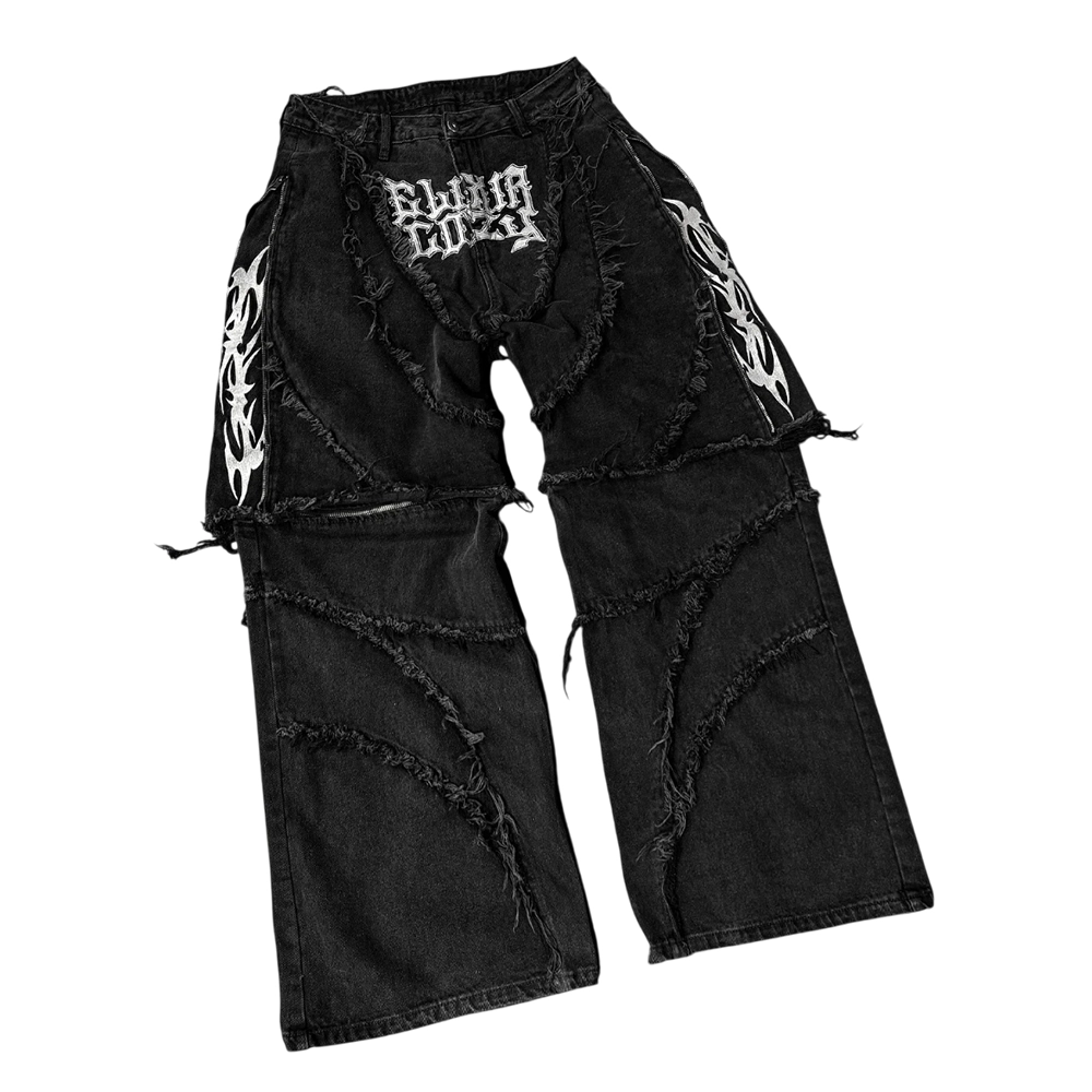 Elixir Cozy Black Distressed Tribal Sigil Zipper Splicing