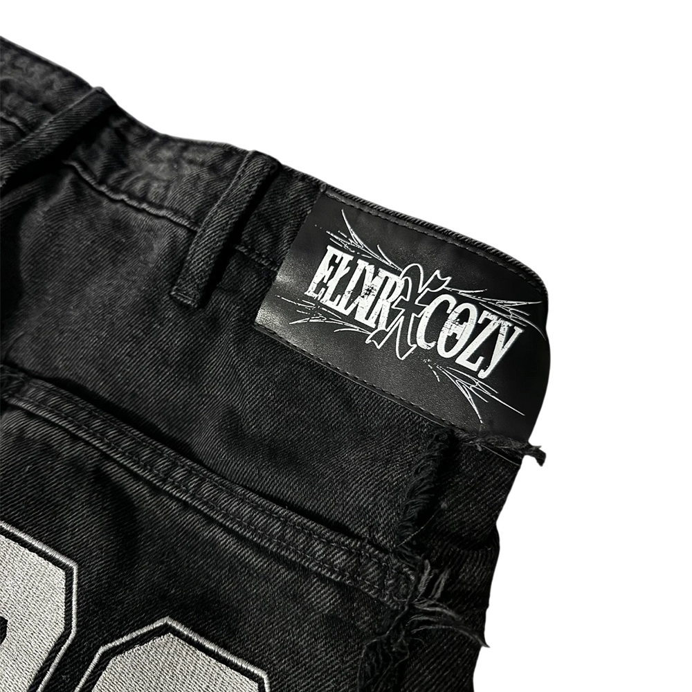 Elixir Cozy Black Distressed Tribal Sigil Zipper Splicing