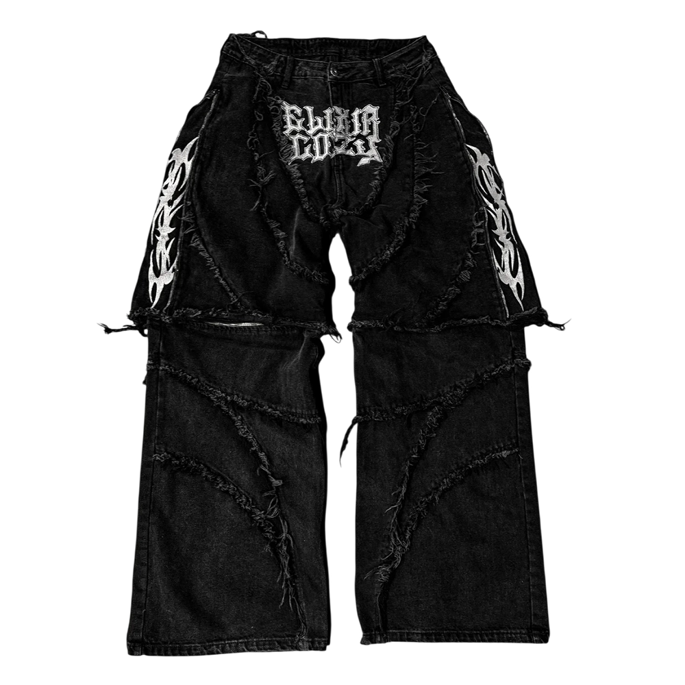 Elixir Cozy Black Distressed Tribal Sigil Zipper Splicing