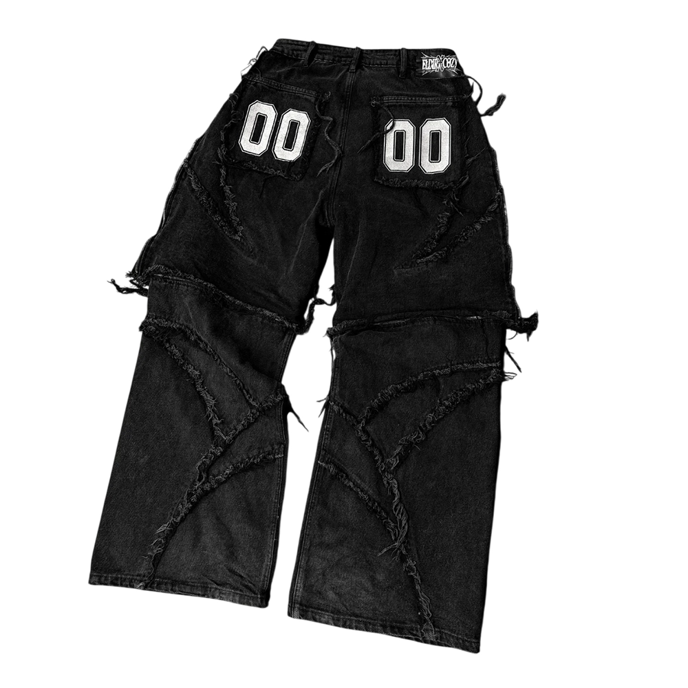 Elixir Cozy Black Distressed Tribal Sigil Zipper Splicing