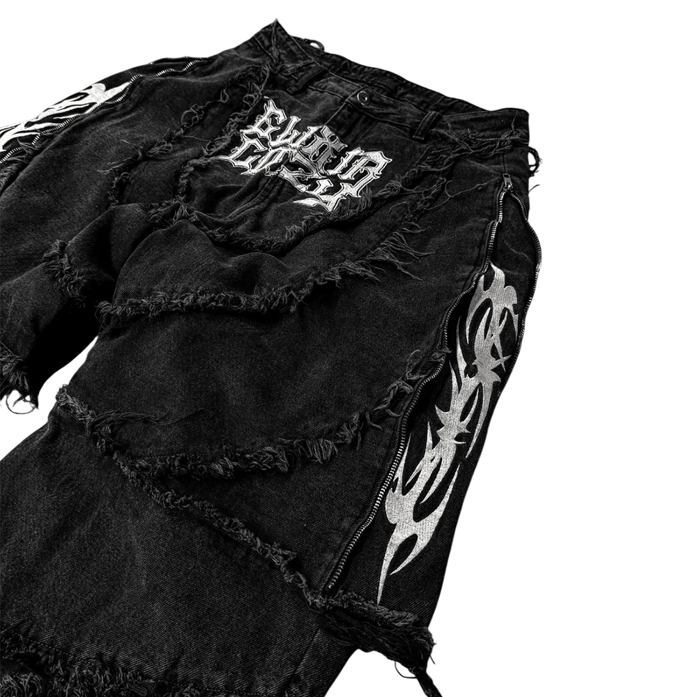 Elixir Cozy Black Distressed Tribal Sigil Zipper Splicing
