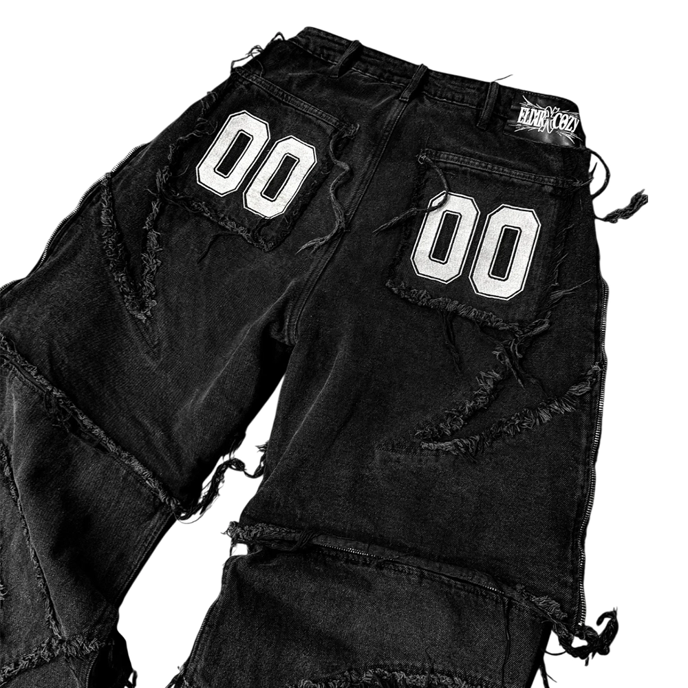 Elixir Cozy Black Distressed Tribal Sigil Zipper Splicing