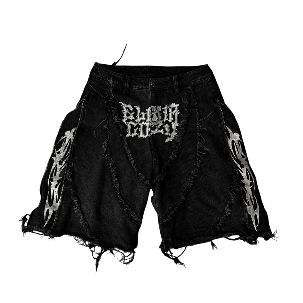 Elixir Cozy Black Distressed Tribal Sigil Zipper Splicing