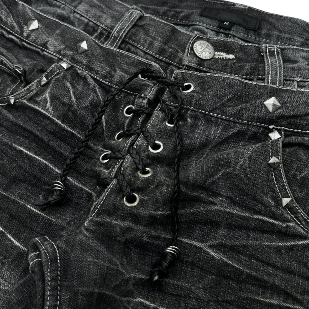 Gothic Lace-Up Studded Distressed Flare Jeans