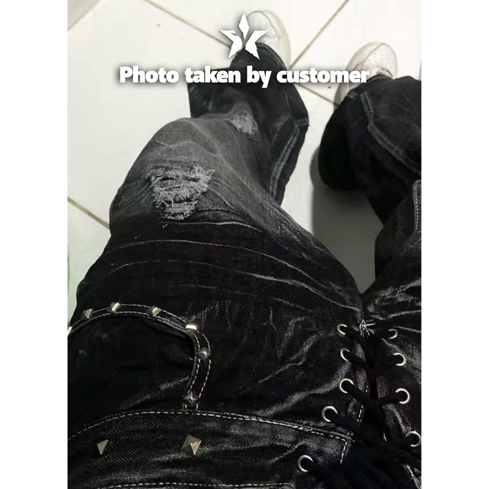 Gothic Lace-Up Studded Distressed Flare Jeans