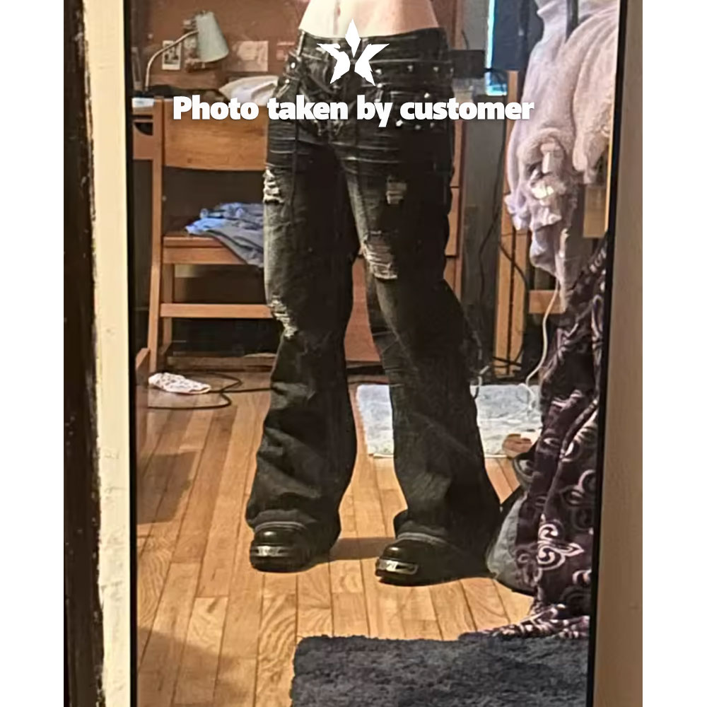 Gothic Lace-Up Studded Distressed Flare Jeans