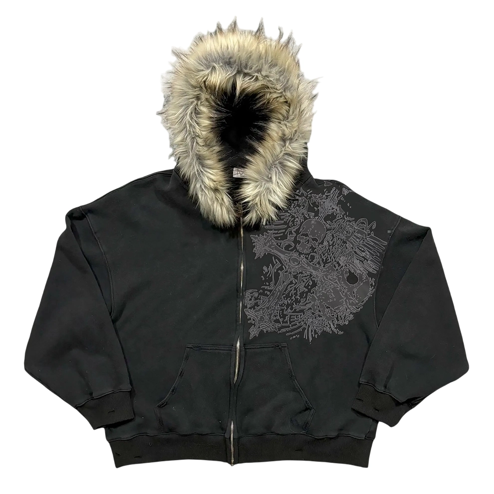 Y2K Fur Hooded Skull Graphic Zip-Up