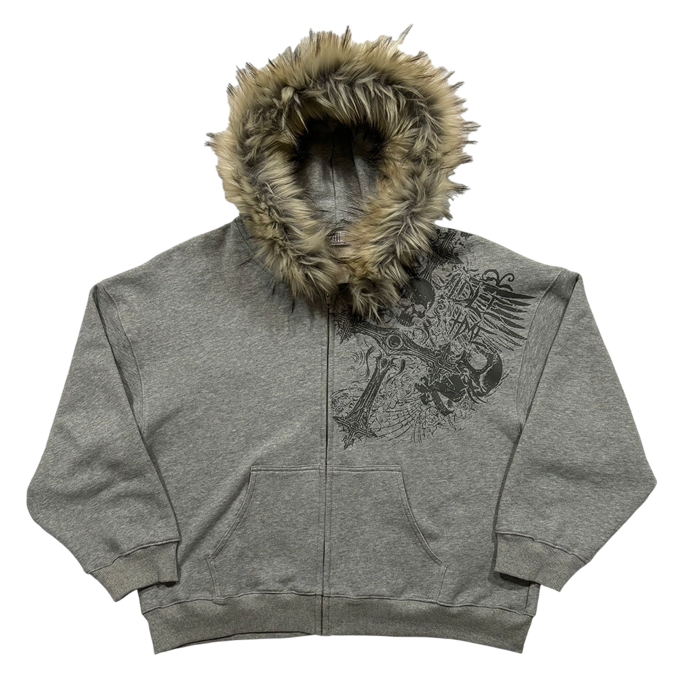 Gray Faux Fur Trim Oversized Zip Hoodie