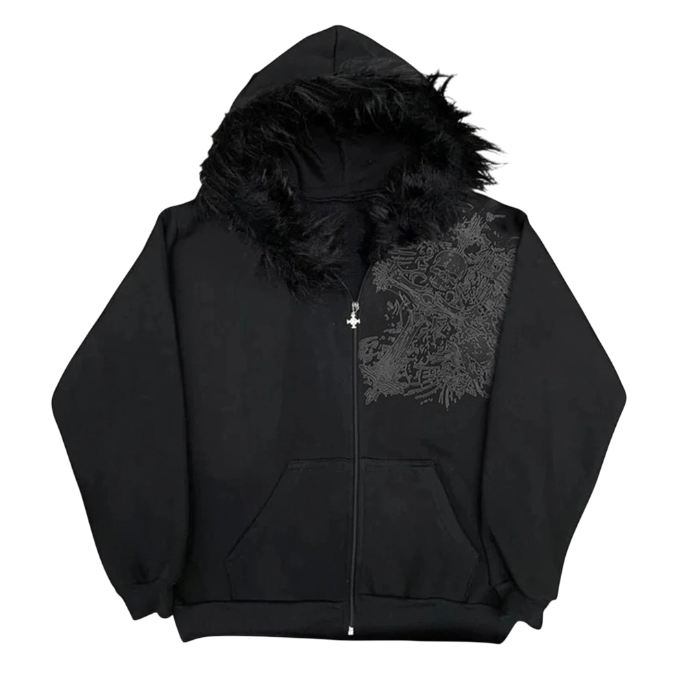 Black Faux Fur Hooded Graphic Zip-Up