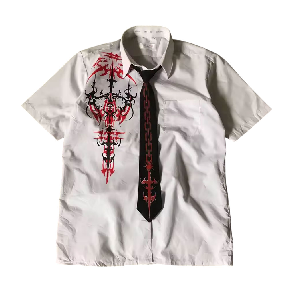 Tribal Sigil Graphic Button-Up Shirt with Tie