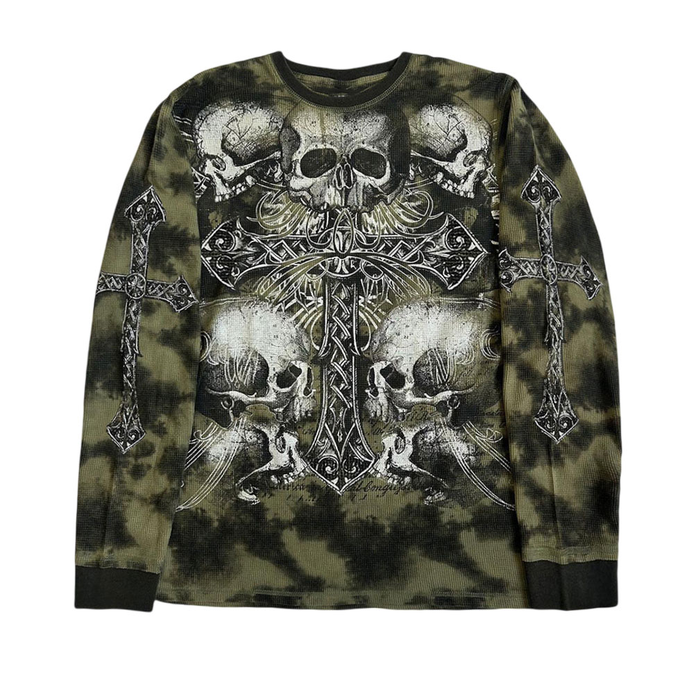 Gothic Skull & Ornate Cross Acid Wash Long Sleeve