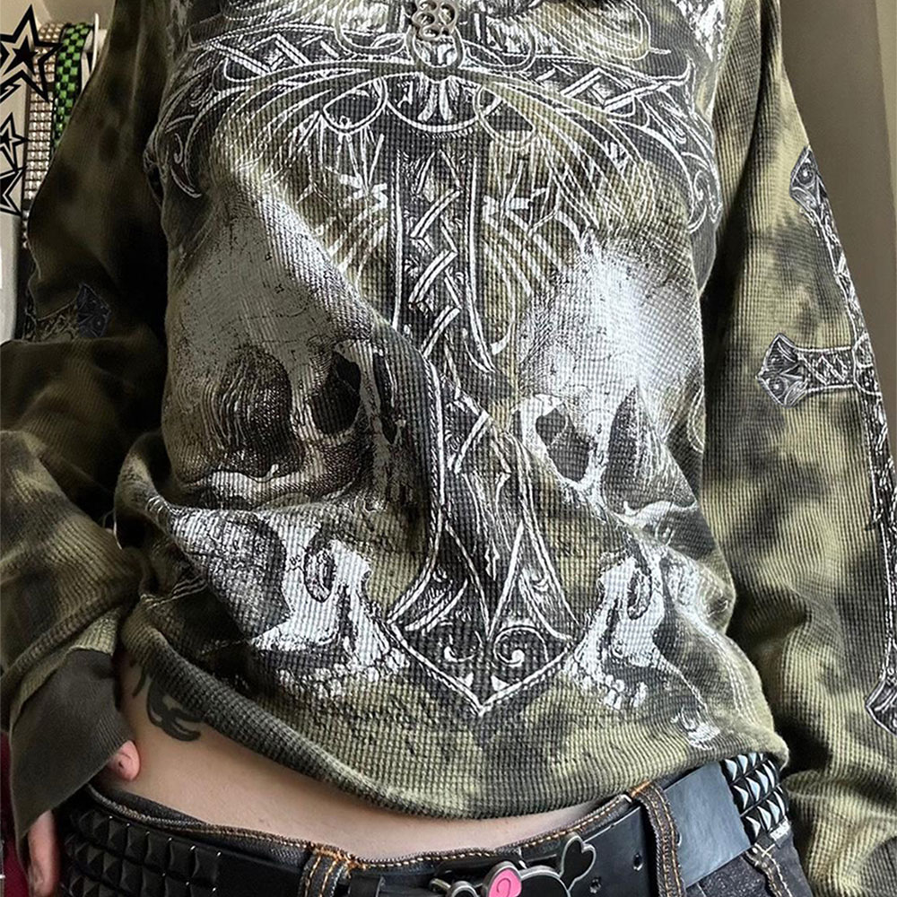 Gothic Skull & Ornate Cross Acid Wash Long Sleeve