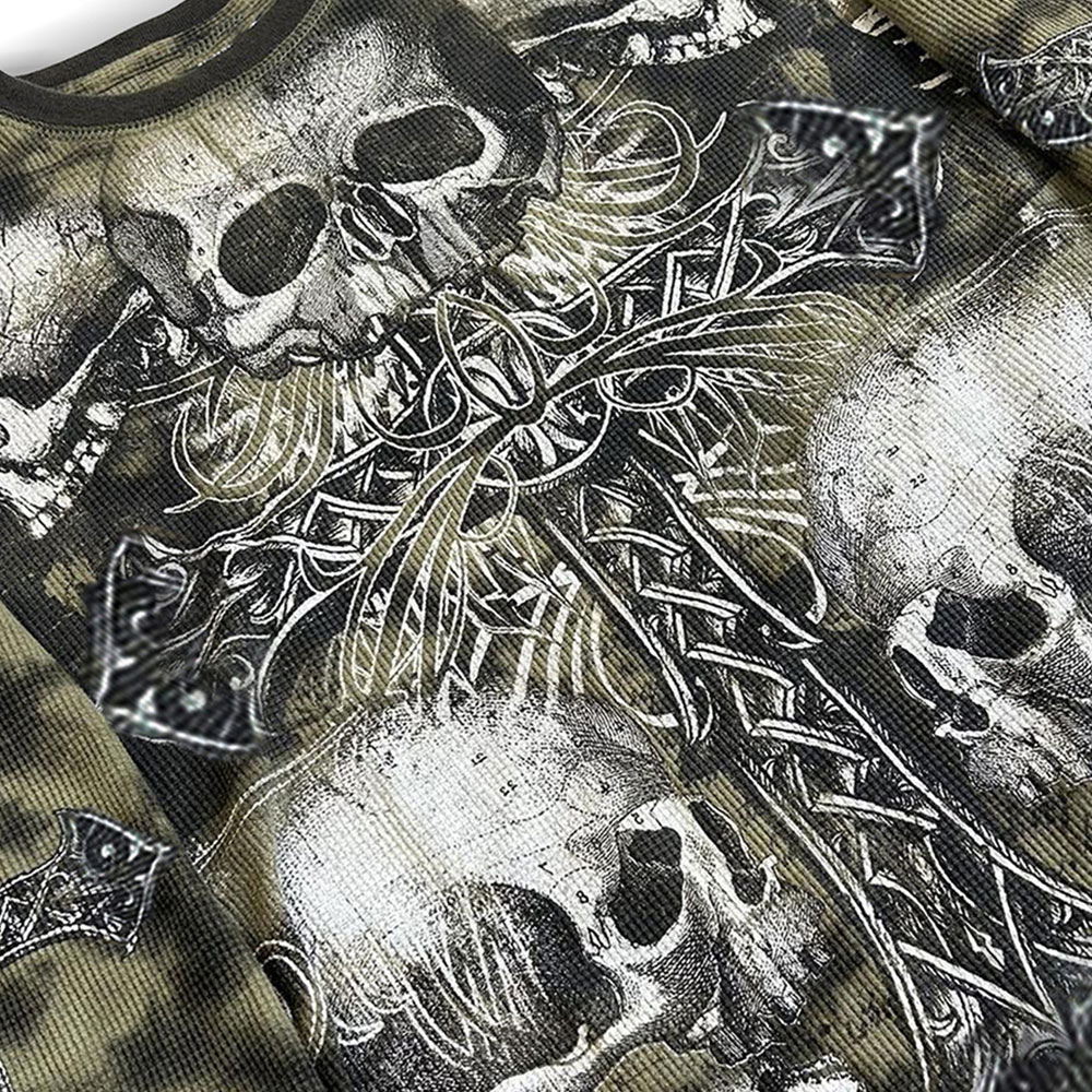 Gothic Skull & Ornate Cross Acid Wash Long Sleeve